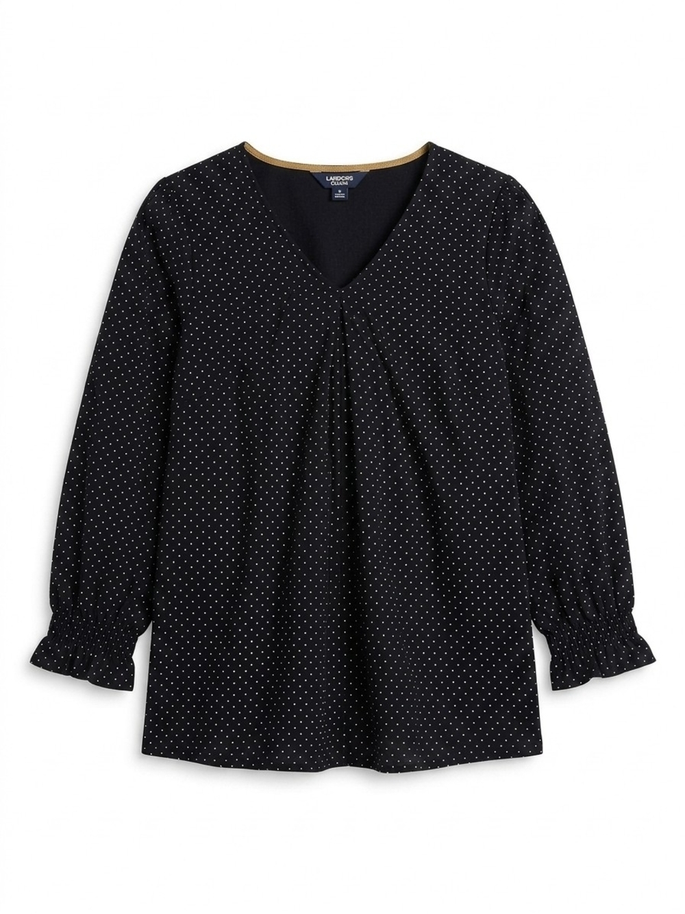 Lands' End Black Polka Dot V-Neck Blouse with Gold Trim